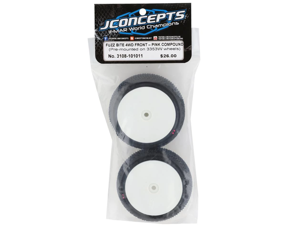 JConcepts Fuzz Bite LP 2.2" Pre-Mounted 4WD Front Buggy Tire (White) (2) (Pink) w/12mm Hex 3 JConcepts Fuzz Bite LP 2.2" Pre-Mounted 4WD Front Buggy Tire (White) (2) (Pink) w/12mm Hex - Image 3