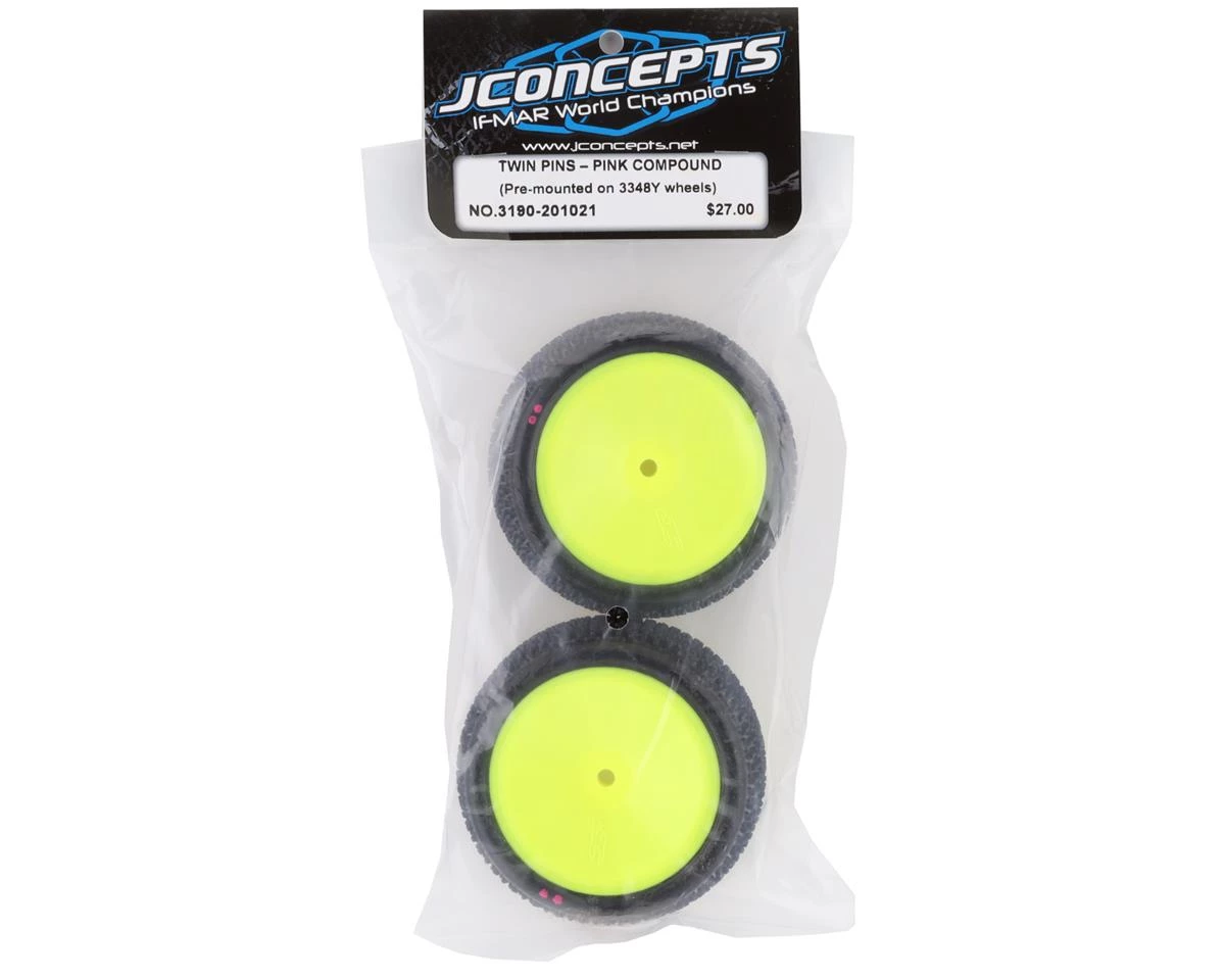 JConcepts Twin Pins 2.2" Pre-Mounted Rear Buggy Carpet Tires (Yellow) (2) (Pink) w/12mm Hex 3 JConcepts Twin Pins 2.2" Pre-Mounted Rear Buggy Carpet Tires (Yellow) (2) (Pink) w/12mm Hex - Image 3